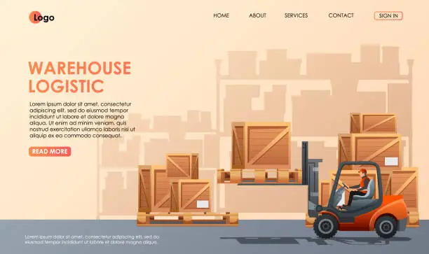 Vector illustration of Warehouse worker in loader. Man in forklift loads wooden boxes indoor storage, storehouse. Cargo logistics. Full shelves, racks on background. Goods storing, shipment service. Vector illustration