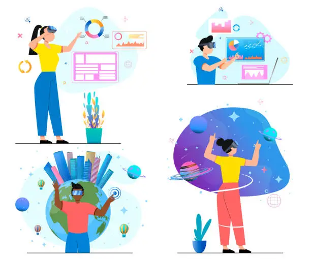 Vector illustration of People in virtual reality. Education, gaming in augmented in vr, digital 3d glasses. Metaverse, virtual world concept. Simulation of space, planet, diagrams. Cartoon style. Vector illustration