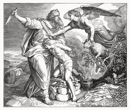 Abraham's Sacrifice of Isaac (Genesis 22, 11 - 12). Wood engraving by Julius Schnorr von Carolsfeld (German painter, 1794 - 1872), published in 1860.