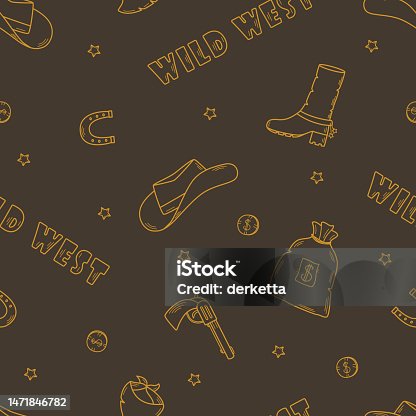 istock Seamless pattern wild west set of vector illustrations. Cowboy western elements icon. hat, neckerchief, boots, horseshoe, bag and money, pistol. 1471846782