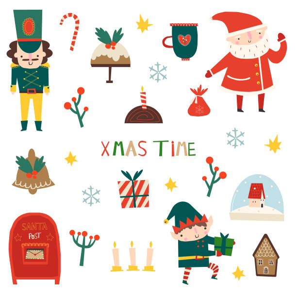 ilustraciones, imágenes clip art, dibujos animados e iconos de stock de piso con navidad de santa elf. - computer graphic child snowflake vector