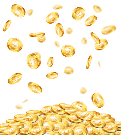 A scattering of golden shiny playing chips on a white background. Highly realistic illustration.