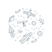 istock Cosmos doodle is a set of vector illustrations in the circle. Icons of space elements rocket cosmonaut stars satellite telescope comet. 1471847067
