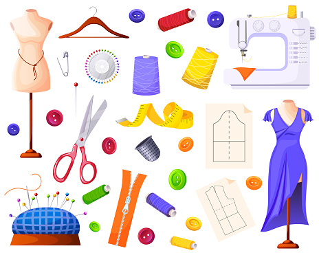 Set of sewing tools. Collection of sewing accessories for creating handmade clothes, dress. Sewing machine, mannequin, spool, thread, hanger, button, needle holder, measuring tape. Vector illustration