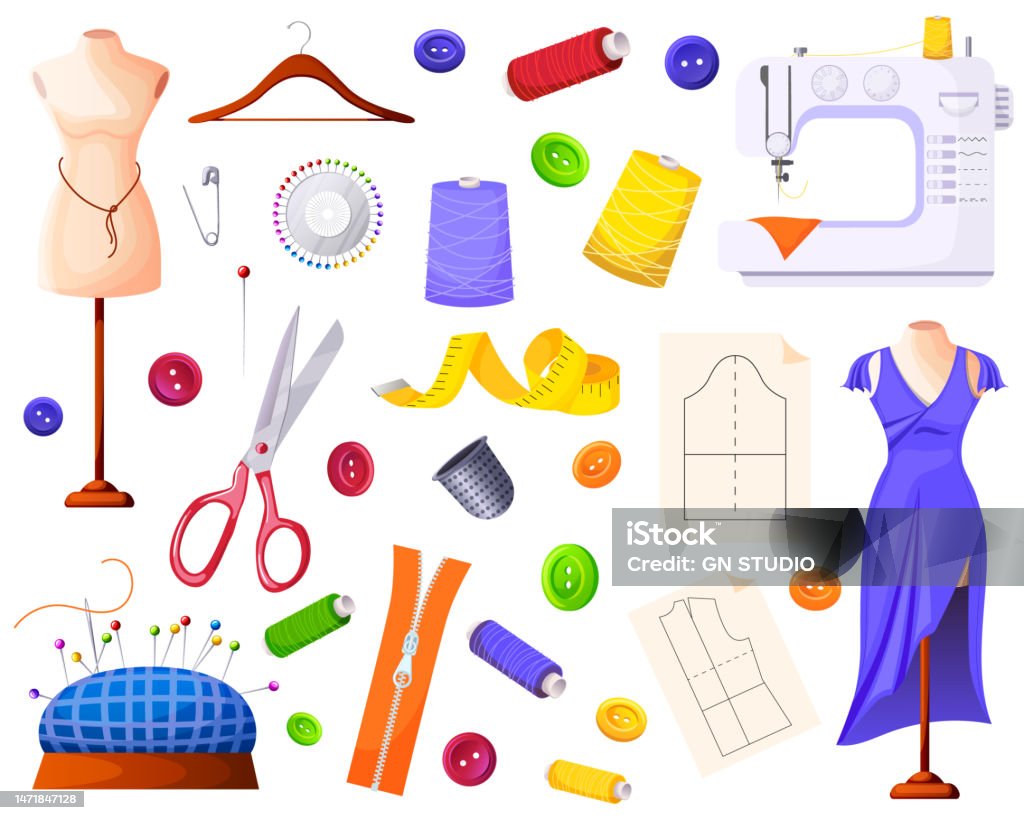 Set Of Sewing Tools Collection Of Sewing Accessories For Creating Handmade  Clothes Dress Sewing Machine Mannequin Spool Thread Hanger Button Needle  Holder Measuring Tape Vector Illustration Stock Illustration - Download  Image Now 