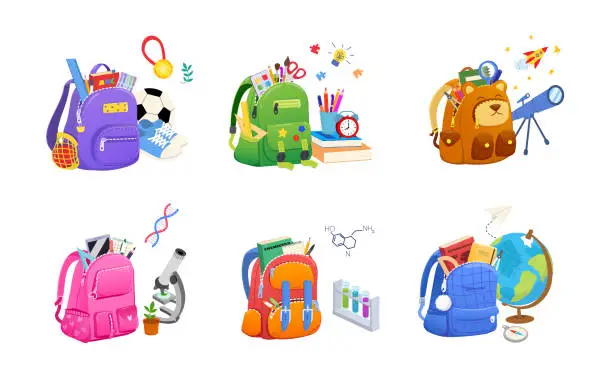 Vector illustration of School bags set lesson, rucksack, backpack collection. Student, pupil, school supplies, Art class, geography, astronomy, sport, chemistry classes equipment. Cartoon backpacks. Vector illustration