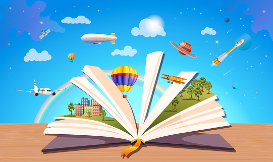 Open book, world inside. Imagination, fantasy, magic in literature concept. Season fairy tale, storybook, textbook. Town, forest, aerostat, rocket, plane, space, sky. Vector illustration