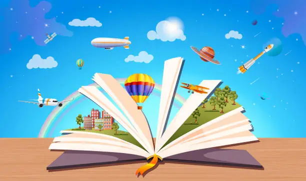 Vector illustration of Open book, world inside. Imagination, fantasy, magic in literature concept. Season fairy tale, storybook, textbook. Town, forest, aerostat, rocket, plane, space, sky. Vector illustration