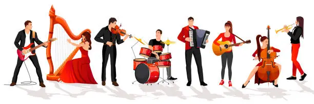 Vector illustration of Musicians band set. Orchestra group. Girl guitarist, violinist. Man drummer. Woman in red dress play on harp, cello. Rock and classic music instrument isolated on white background. Vector illustration