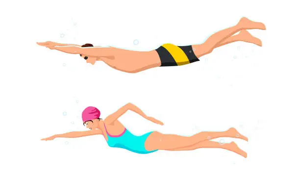 Vector illustration of Isolated active healthy strong young man, woman, girl, boy, swimmer swimming pool, glasses, sport suit, competition, training fitness, gym, workout. Freestyle swimming, diving. Vector illustration