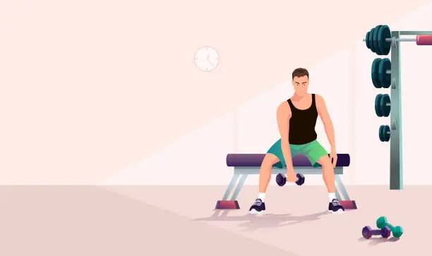 Vector illustration of Fitness man raise dumbbell hand, arm gym. Fit male lift weight training. Sports equipment activity. Athletic strong active young boy lifting sitting trainer, strength workout. Vector illustration