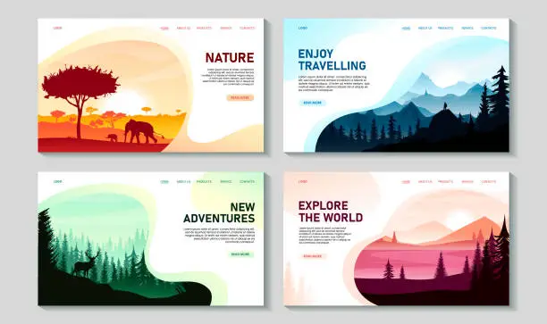 Vector illustration of Set of travel web designs of landscapes. Savannah, Africa, acacia, forest, mountains, river in countryside, deer on hills, rocks. Website about nature, online tourism banner. Vector illustration