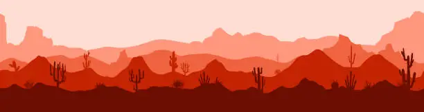 Vector illustration of Canyon panorama with cactus and mountains. Horizontal panoramic seamless banner in dark and light red tones. Flat vector illustration.