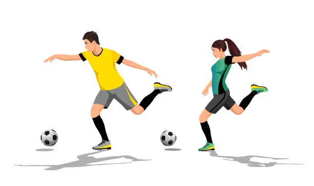 Vector illustration of Isolated football, soccer players kick ball, goal, action, movement. Young active healthy man, woman, boy, girl sport activity, training, sport. Sportsman, sportswoman play, pass. Vector illustration