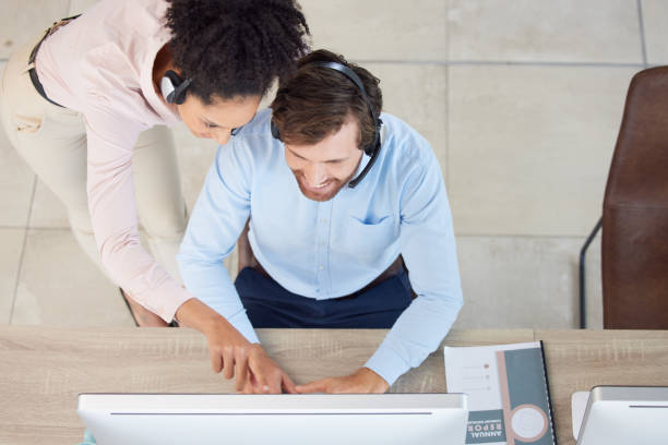 istock Call center, planning and business people teamwork, collaboration and networking strategy for telemarketing sales, profit and target above. IT support, computer and manager software review in telecom 1471852482