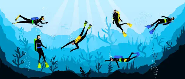 Vector illustration of Scuba divers swimming with aqualungs underwater of blue sea, ocean explore bottom with sea grass, coral reef in background, sunbeams light through cover of water. Flat vector illustration
