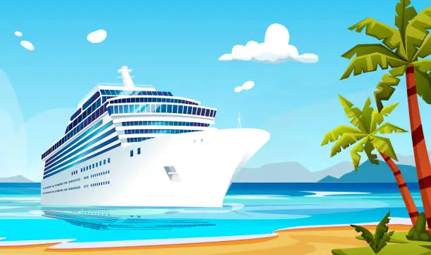 Vector illustration of White cruise ship stop sandy island shore, wild beach, palms. Liner, boat voyage at South sea, Pacific, Atlantic ocean. Calm good weather day marine, nature landscape, scenery. Vector illustration