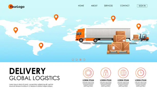 Vector illustration of Intercontinental cargo transportation concept. Man in forklift loads wooden boxes in truck. Delivery points on world map. Global logistics network. Order tracking, navigation app. Vector illustration