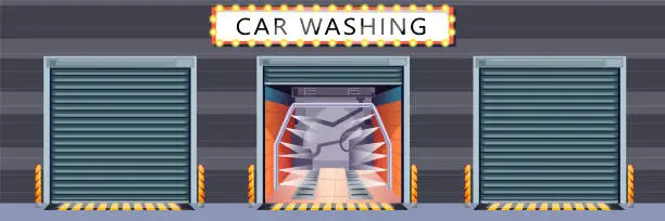 Vector illustration of Carwash building. Car wash station open, rise automatic gates, door, special garage, box. Professional cleaning, washing equipment inside. Auto service, automobile, vehicle care. Vector illustration