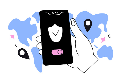 Person using a VPN application to surf internet, virtual private network, world map illustration, human hands holding a smartphone with proxy app, bypassing censorship, shield icon on screen, vector