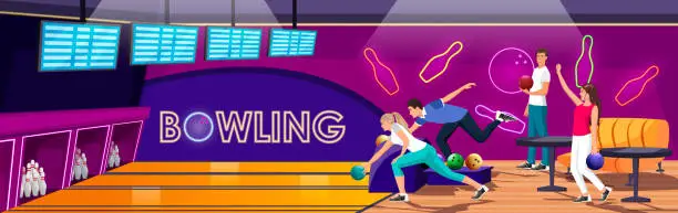 Vector illustration of People playing in bowling club. Woman and man playing bowling in hall with alleys. Girls enjoy of game. Scoreboard screens. Players entertainment activity, Friends on recreation. Vector illustration