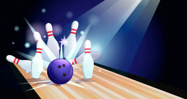 Vector illustration of Bowling strike poster. Violet ball hit the pins on bowling alley line. Template for banner of sport competition or tournament. Rays of light on skittles. Flyer, logo bowling club. Vector illustration