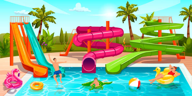 szczęśliwi ludzie korzystają z aquaparku. letni basen, krajobraz parku wodnego. aktywność rodzinna. rodzice pływają, pętle, proste zjeżdżalnie, dzieci bawią się, pływają nadmuchiwane koło, zwierzę. ilustracja wektorowa - swimming pool child water park inflatable stock illustrations