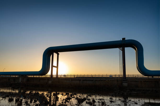 istock Blue pipes going to oil refinery at sunset 1471855776