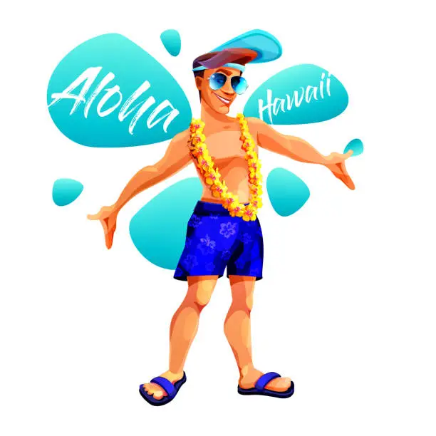 Vector illustration of Aloha Hawaii tropical holiday concept in cartoon style. Beach guy tourist with hibiscus flowers on abstract white background.