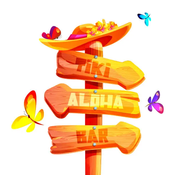 Vector illustration of Aloha Hawaii tropical holiday concept in cartoon style. Old wooden road sign with a Hawaiian greeting with a hat with hibiscus flowers on a white background with butterflies.