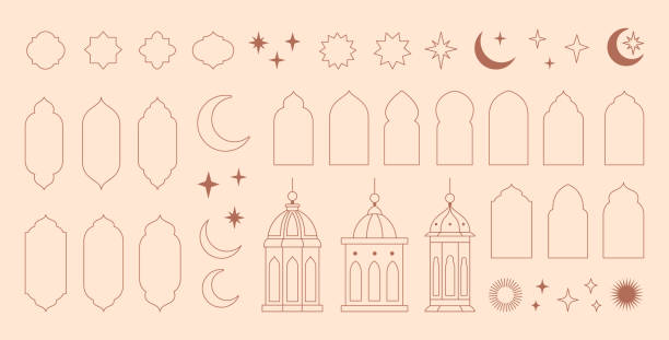 illustrazioni stock, clip art, cartoni animati e icone di tendenza di collezione di elementi in stile orientale di ramadan kareem e eid mubarak, finestre islamiche, archi, stelle e luna, porte della moschea, cupole della moschea e lanterne. - ramadan