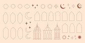 Collection of elements in the oriental style of Ramadan Kareem and Eid Mubarak, Islamic windows,  arches, stars and moon, mosque doors, mosque domes and lanterns.