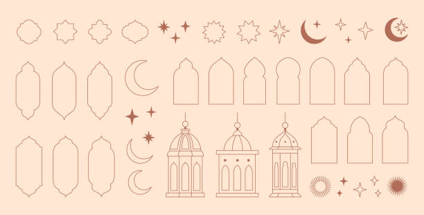 Collection of elements in the oriental style of Ramadan Kareem and Eid Mubarak, Islamic windows,  arches, stars and moon, mosque doors, mosque domes and lanterns. Collection of elements in the oriental style of Ramadan Kareem and Eid Mubarak, Islamic windows,  arches, stars and moon, mosque doors, mosque domes and lanterns. islam moon stock illustrations