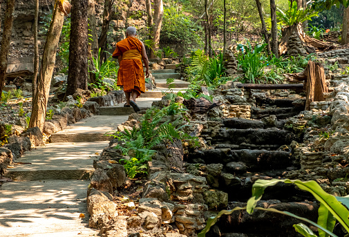 Monk walking through a garden at Wat Photi Khun Monastery near Mae Sot Thailand