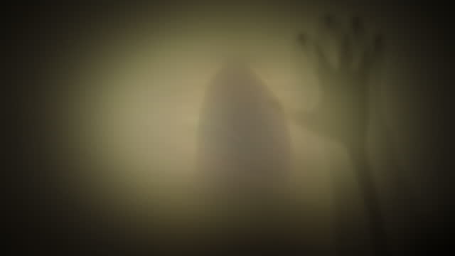 A silhouette of a hooded man with many arms trying to break through a transparent curtain. The concept of a nightmare, other world, paranormal, ghosts, demons. 4k UHD slow motion loop video with speed ramp effect.  ProRes 422 HQ. Rec 2100 HLG.