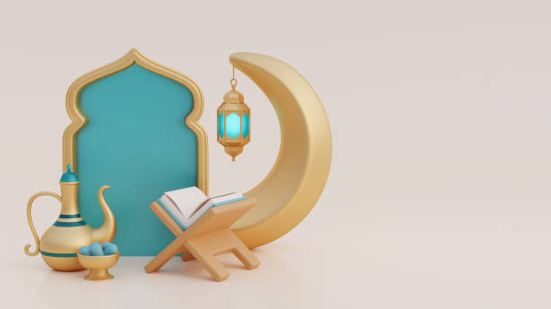 istock Ramadan Kareem or Eid Al Adha mubarak with gold crescent moon, lantern, coffee pot, dried dates, holy quran. Muslim Islamic festival. 3d rendering 1471860860