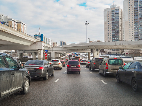 Moscow. Russia. March 7, 2023. Traffic jam in Moscow during rush hour. Cars are stuck in a traffic jam on a city street.