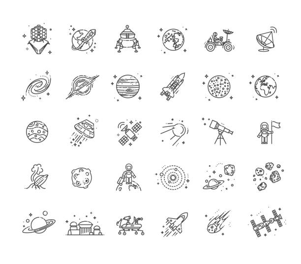 Set of space icon vector illustration in outline style Space Exploration icons Pack. Thin line icon collection. Outline web icon set jupiter stock illustrations