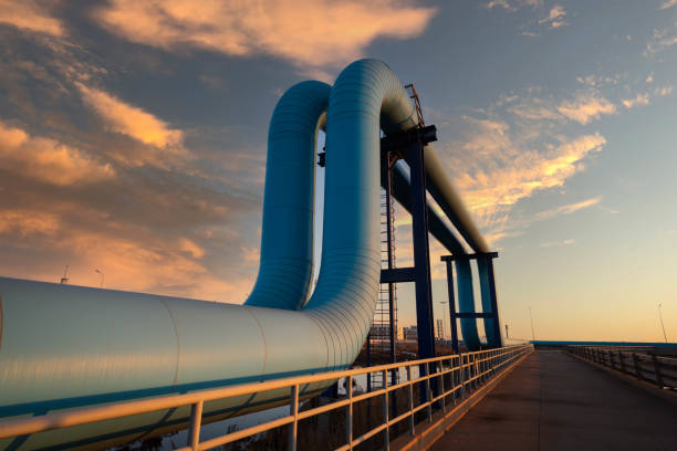 oil pipeline in the sunset - chemical plant refinery industry pipe imagens e fotografias de stock