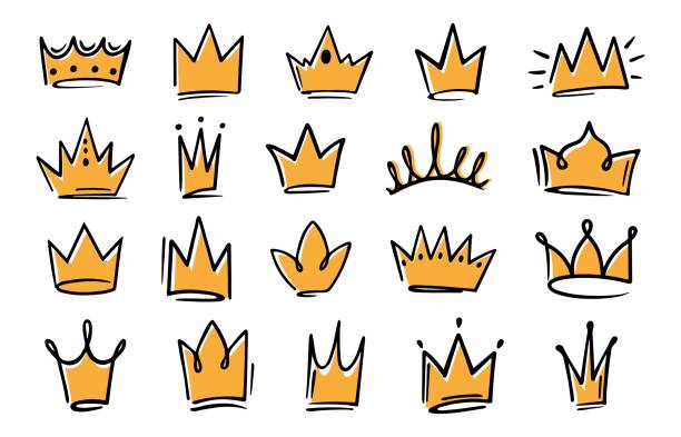 Hand drawn golden crowns. Graffiti style regal doodles, royal crown and luxury corona symbol vector icons set Hand drawn golden crowns. Graffiti style regal doodles, royal crown and luxury corona symbol vector icons set. Isolated royal accessories, different elegant precious elements, majestic objects ruler doodle stock illustrations