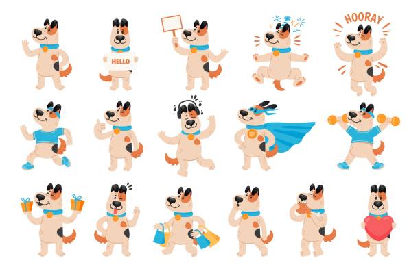 ilustrações de stock, clip art, desenhos animados e ícones de dog mascot. happy pet character, animal winking, puppy celebrating and dogs with different facial expressions, poses and actions cartoon vector set - heroes dog pets animal