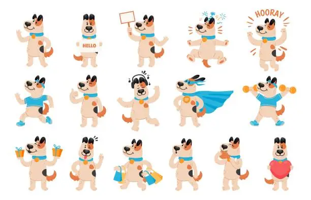 Vector illustration of Dog mascot. Happy pet character, animal winking, puppy celebrating and dogs with different facial expressions, poses and actions cartoon vector set