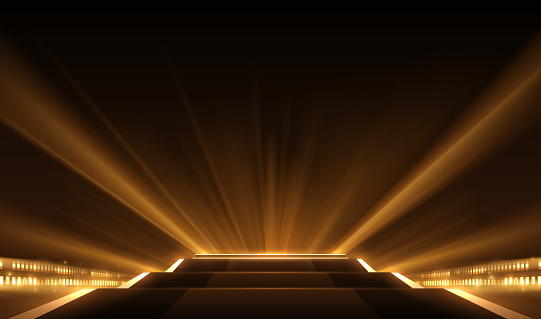 Abstract golden light rays scene with stairs in vector
