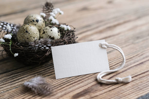 istock Nest with quail eggs and blank white card for text. Mockup tag. Easter card. Easter decor in rustic style. Natural Eco Friendly Easter Decor 1471870458