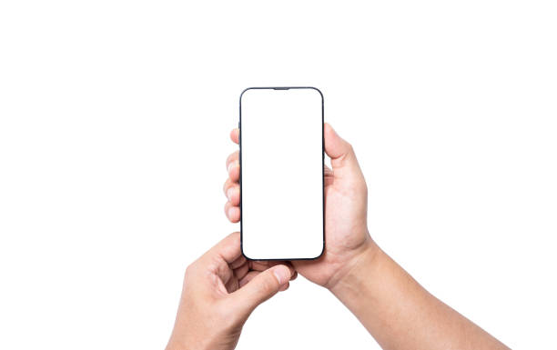 istock Isolate of Hand holding  blank screen of smartphone on white background with clipping path for mockup advertisement and social icon. 1471870574