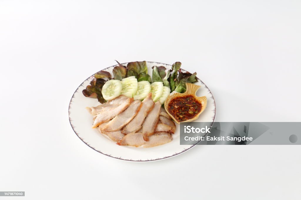 Grilled Pork Neck, Grilled Pork With Spicy sauce, Thai yummy Food. - Royalty-free Almoço Foto de stock Grilled Pork Neck, Grilled Pork With Spicy sauce, Thai yummy Food. - Royalty-free Almoço Foto de stock
