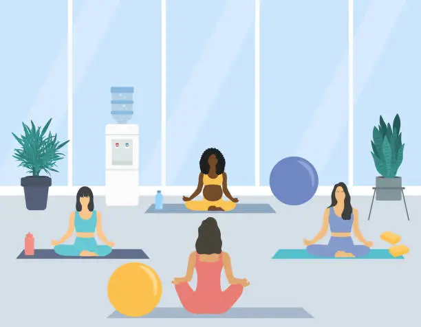 Vector illustration of Yoga Studio With Multi-Ethnic Women Group Sitting In Lotus Position And Performing Meditation Exercise