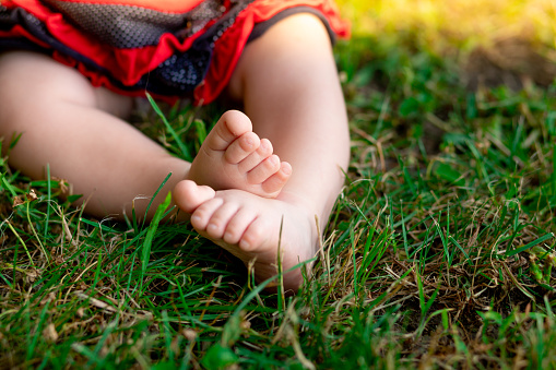 baby's feet on the green grass, space for text