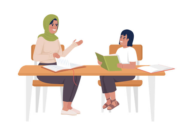 Mother explaining daughter home assignment semi flat color vector characters Mother explaining daughter home assignment semi flat color vector characters. Editable figures. Full body people on white. Simple cartoon style illustration for web graphic design and animation teacher talking to student stock illustrations