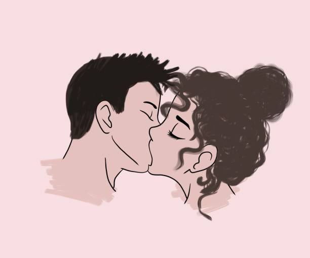 horizontal illustration. tender romantic kiss of a young european couple on a pastel pink background. horizontal illustration. tender romantic kiss of a young european couple on a pastel pink background. kissing with closed eyes. first kiss. first date romance kissing on the mouth stock illustrations